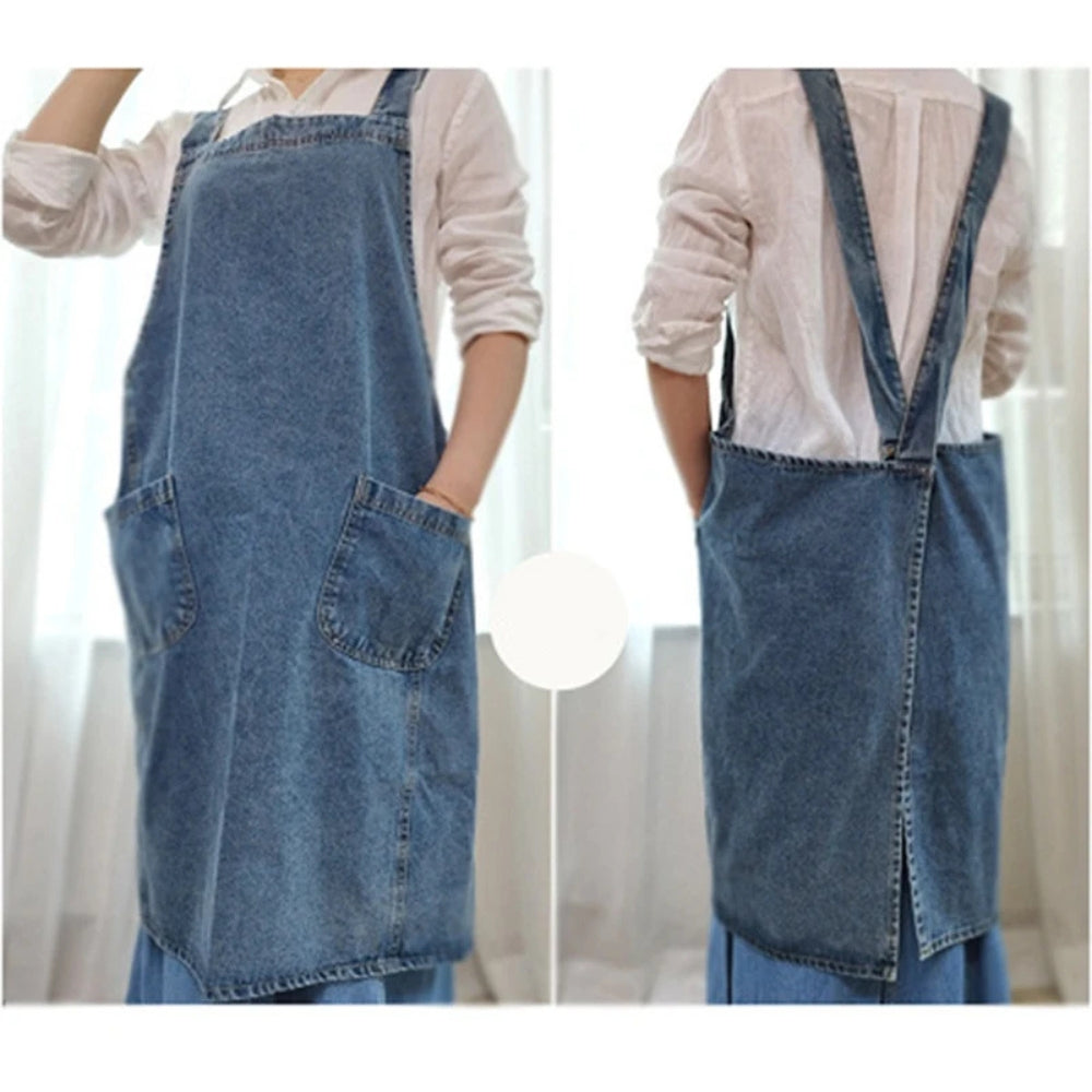 Uformelt forkle i bomullsdenim med lomme – Vintage Blå