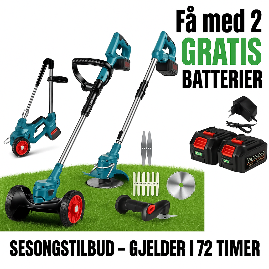 Trådløs og sammenleggbar gressklipper 36 V – justerbar høyde, hjul og 3 bladtyper