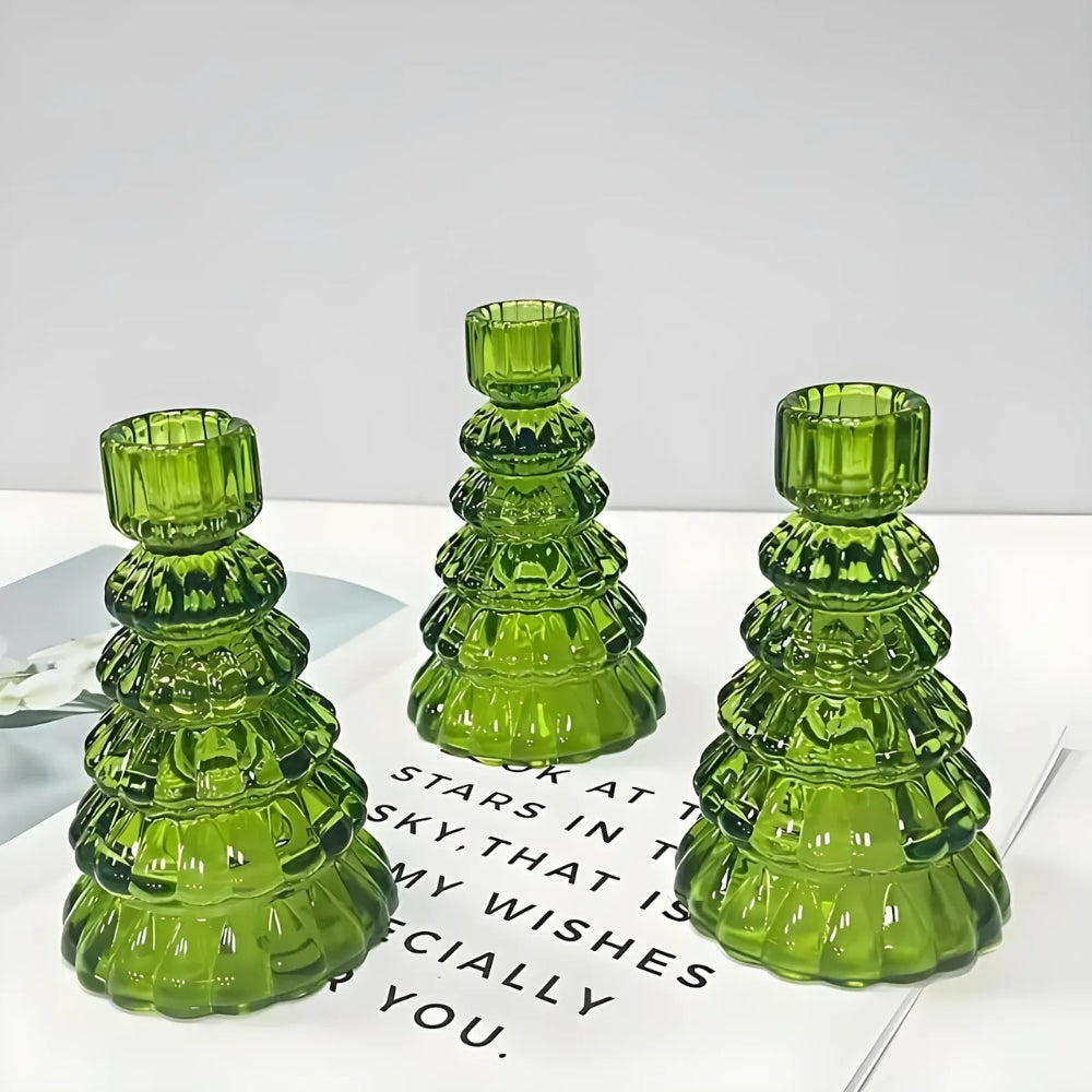 Glasslysestaker med juletre | Sett med 3