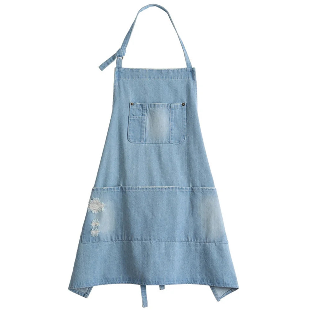 Klassisk forkle i blå denim med lomme