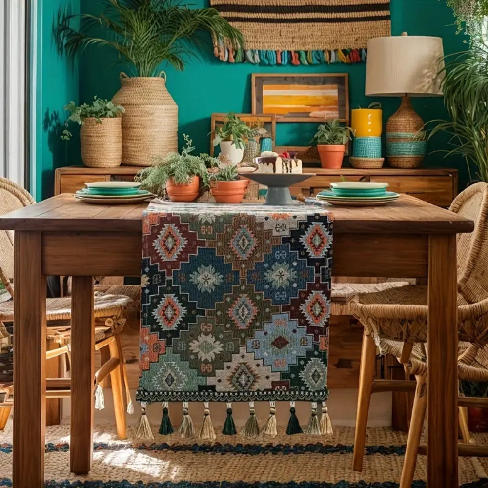 Fargerik bordløper med geometrisk mønster og dusker – 13"x47"