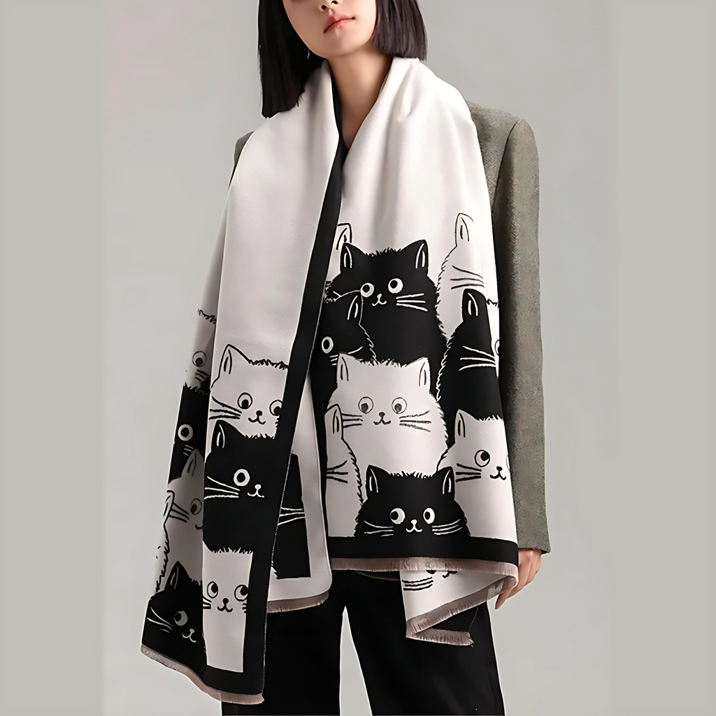 Vinterskjerf i jacquard med søte katter – Svart Elfenben