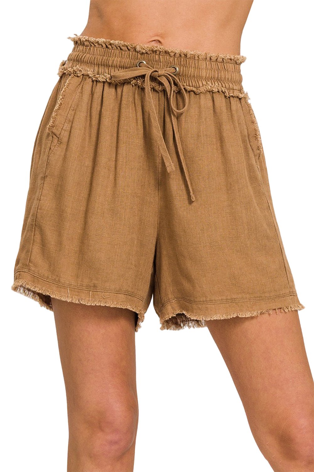 Dame Drawstring Shorts i Vasket Lin med Frayed Hem - NordHjem