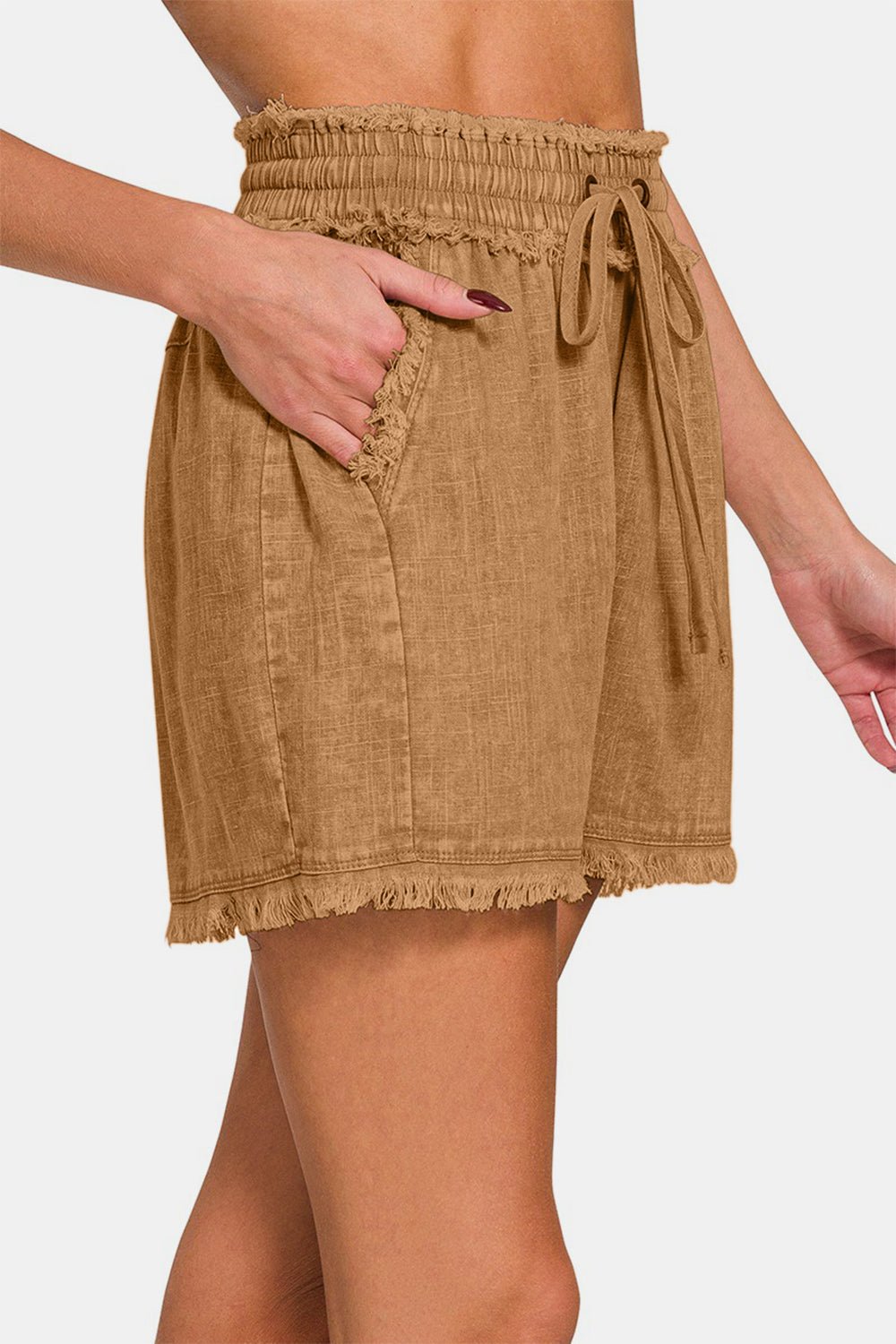 Dame Drawstring Shorts i Vasket Lin med Frayed Hem - NordHjem