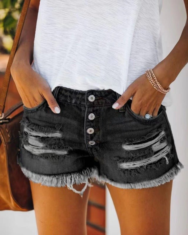 Dame Ripped Fringed Denim Shorts Mid Waist - NordHjem