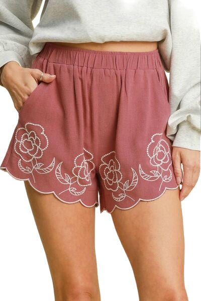 Dame Shorts Blomsterbroderi Linblanding Pustende Design - NordHjem