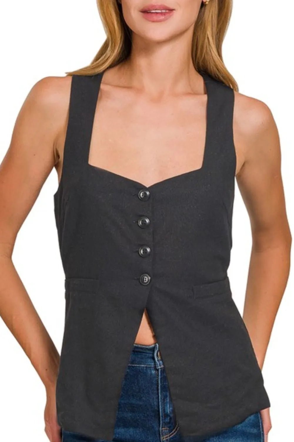 Dame Vest med Knappelukking Bånd Design i Lin - NordHjem