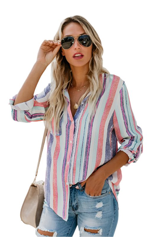 Damenes Striped Button Up Top med Turn - Down Krage - NordHjem