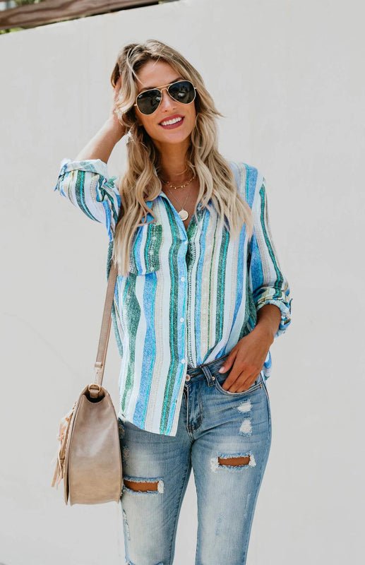 Damenes Striped Button Up Top med Turn - Down Krage - NordHjem