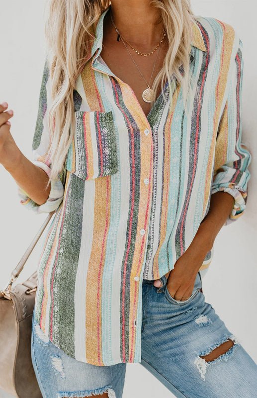 Damenes Striped Button Up Top med Turn - Down Krage - NordHjem