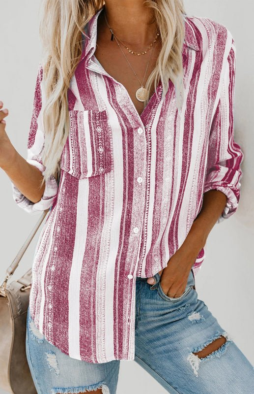 Damenes Striped Button Up Top med Turn - Down Krage - NordHjem