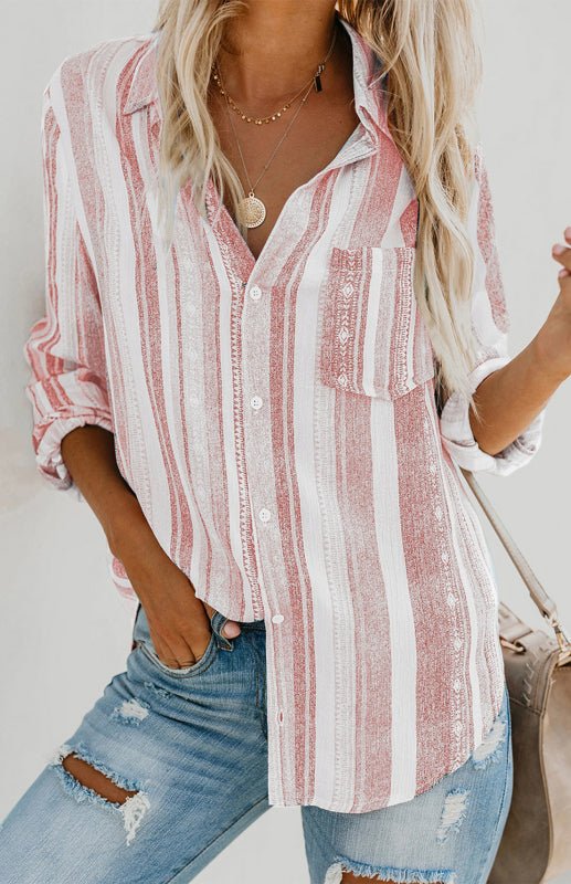 Damenes Striped Button Up Top med Turn - Down Krage - NordHjem