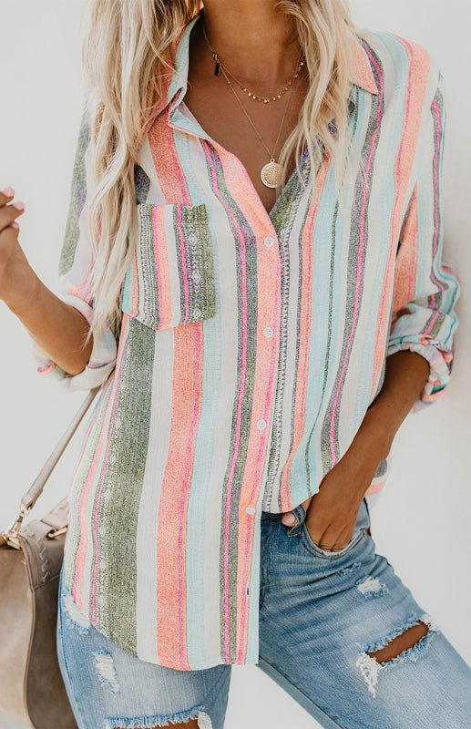 Damenes Striped Button Up Top med Turn - Down Krage - NordHjem
