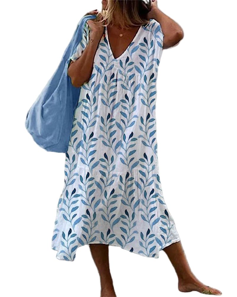 Damenkleid mit V - Ausschnitt und Blätterdruck - NordHjem