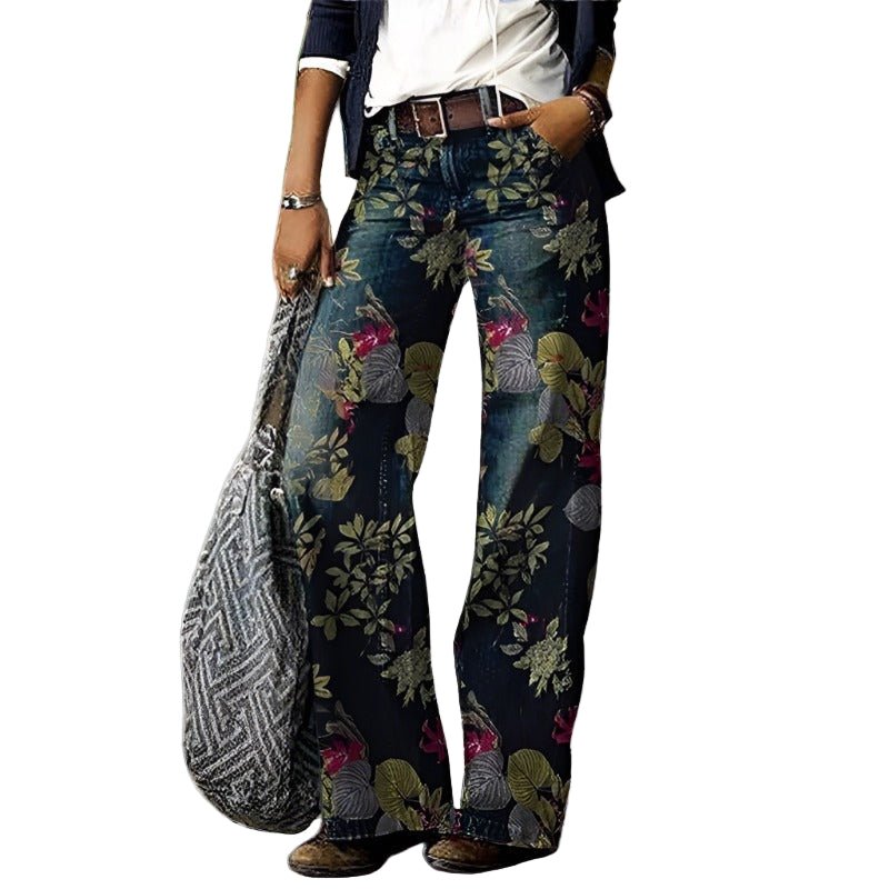 Damens Jeans med Blomstertrykk og Løs Passform - NordHjem