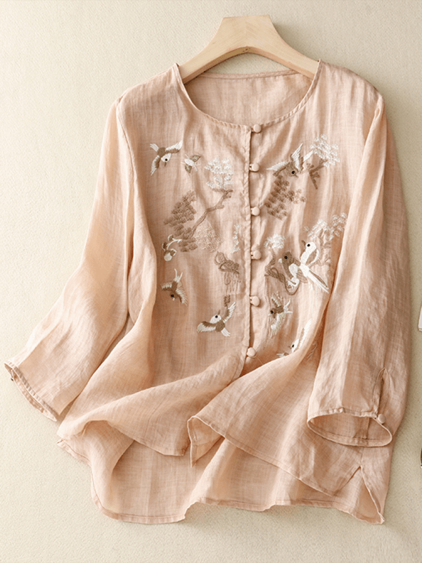 Damer Retro Topp Rund Hals Broderi - NordHjem