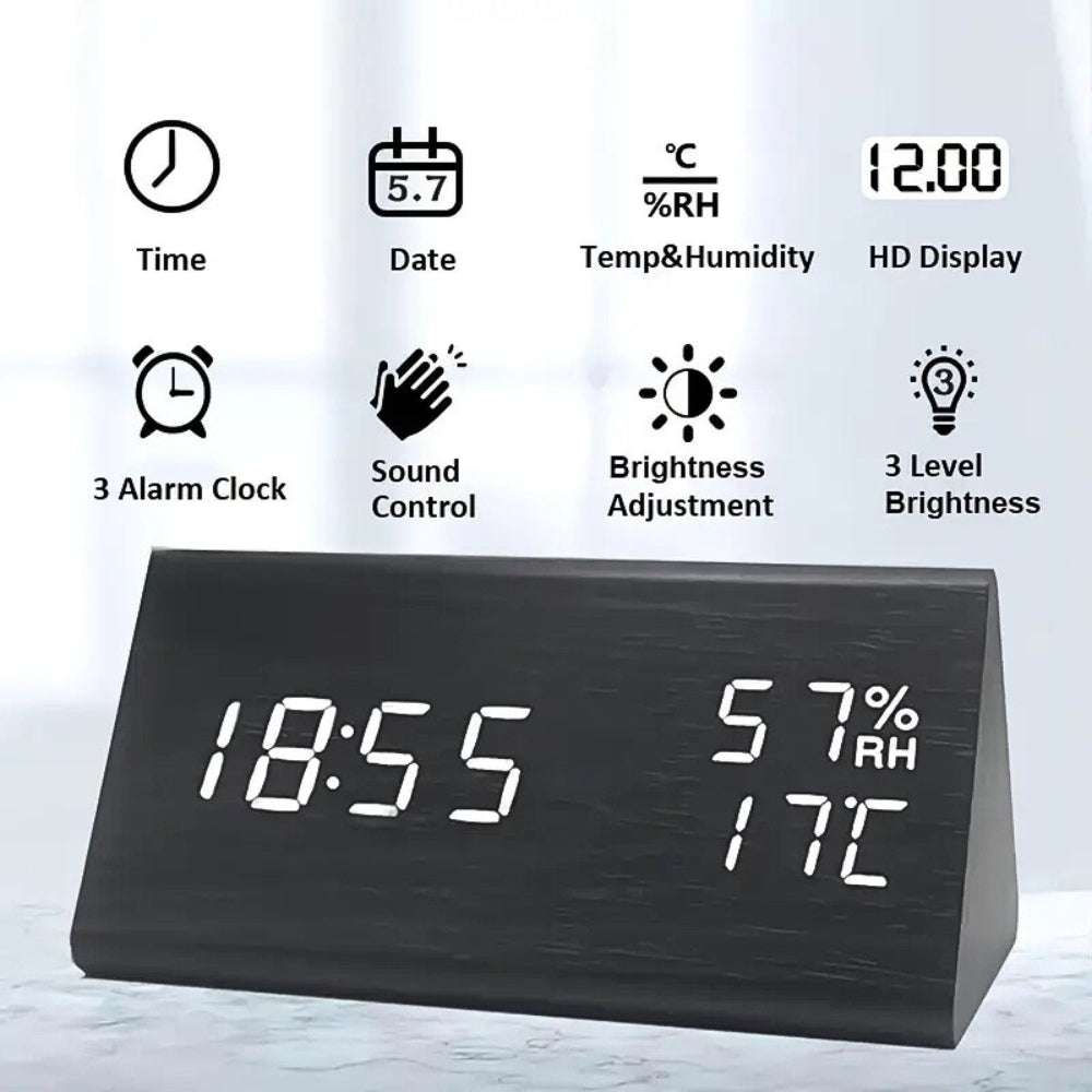 Elora LED-vekkerklokke i tre med digital visning