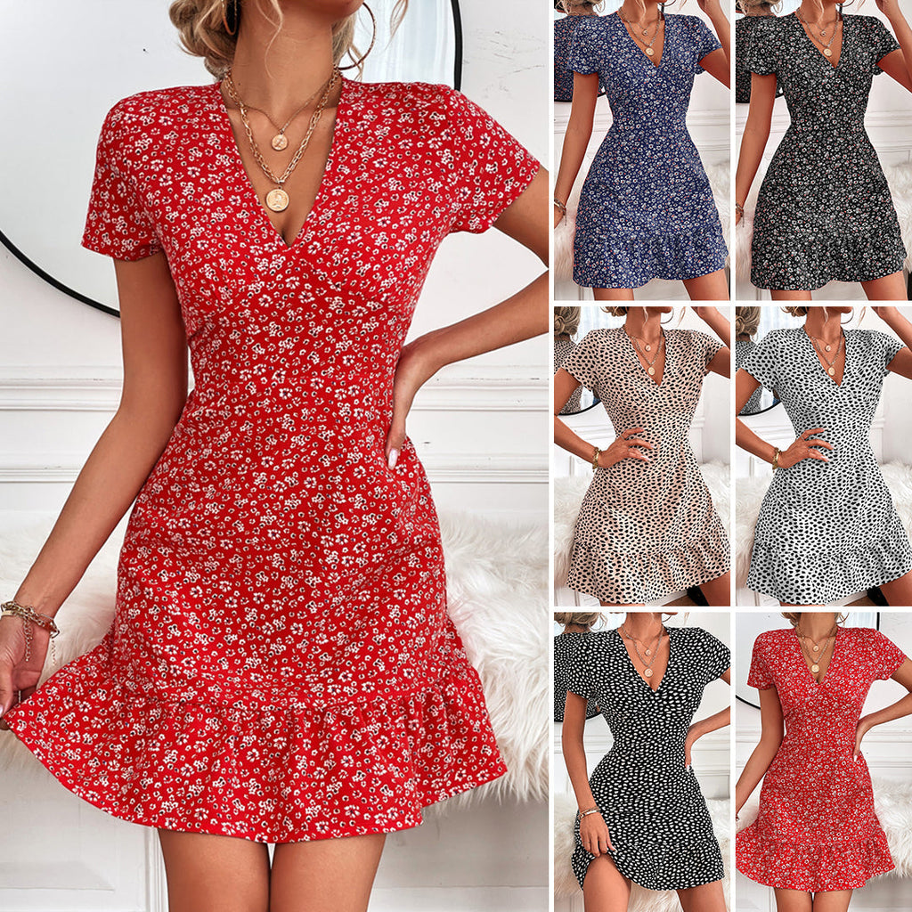 Polka Dot & Floral Printed V Neck Casual Dress