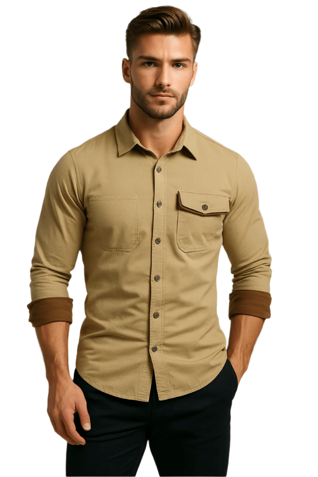 Herre Button - Up Skjorte med Lange Ermer og Kontrasterende Mansjetter - NordHjem