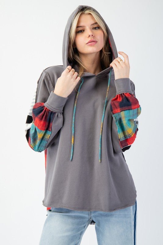 Dame Hoodie Plaid Terry Strikket - NordHjem