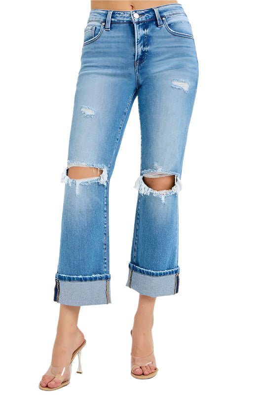 Dames Mid Rise Straight Cuffed Jeans Denim - NordHjem