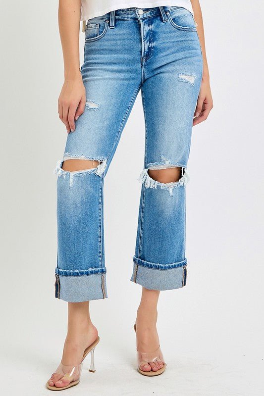 Dames Mid Rise Straight Cuffed Jeans Denim - NordHjem