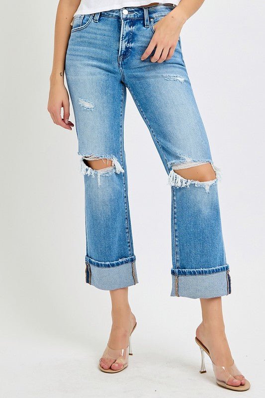 Dames Mid Rise Straight Cuffed Jeans Denim - NordHjem