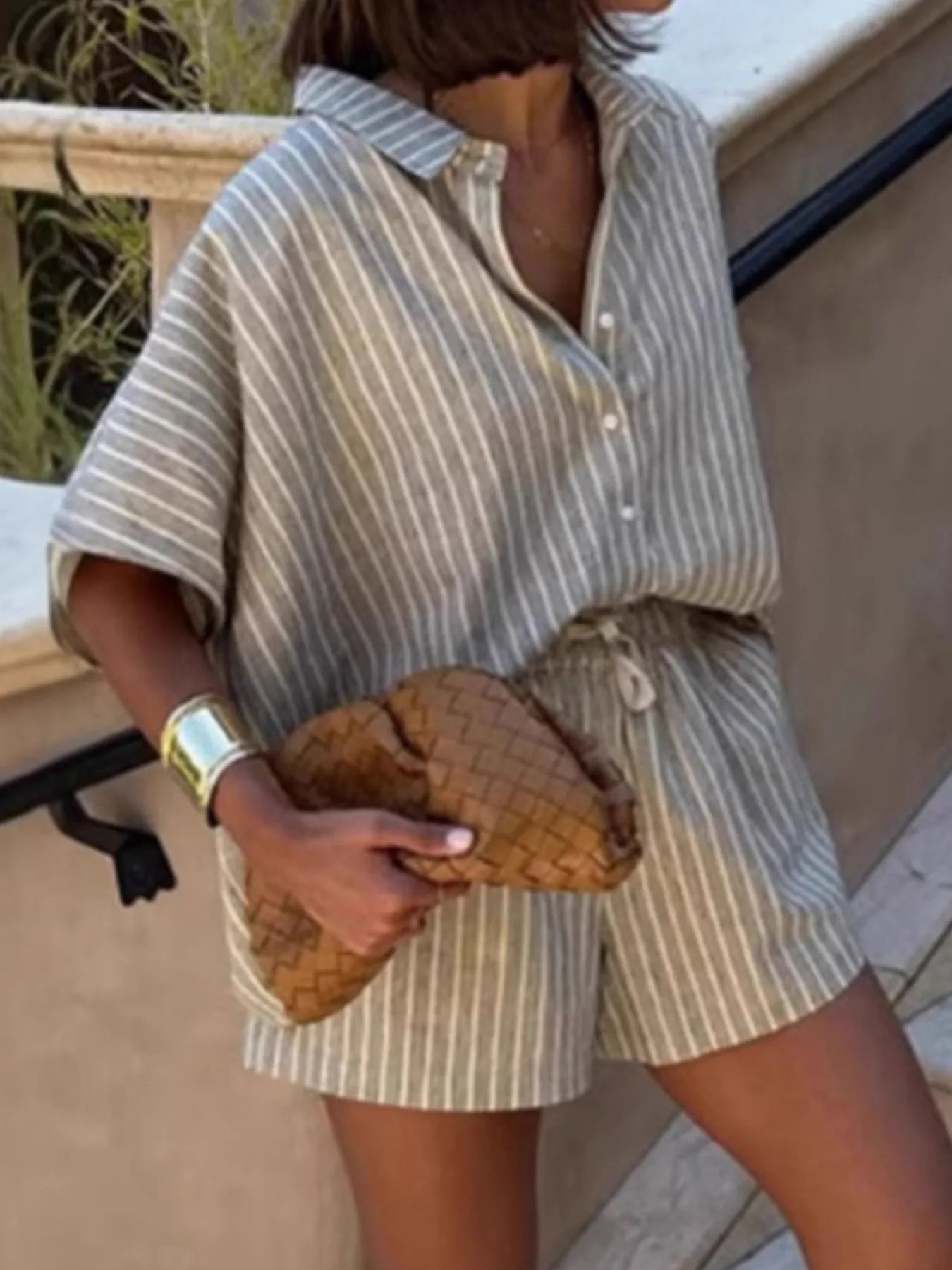 Dame Striped Lin Skjorte og Shorts To - delt Sommer Sett - NordHjem