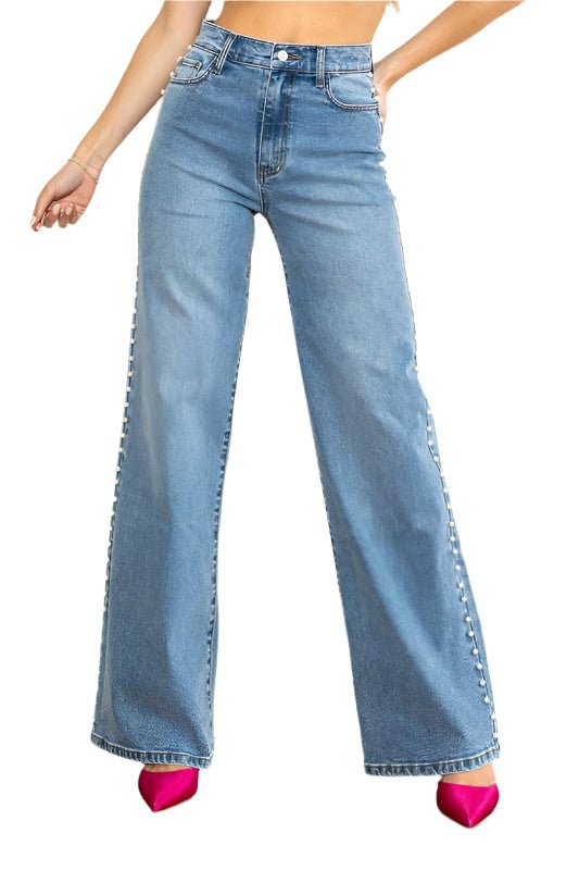 Høy Midje Bred Jeans med Perleknapper for Damer - NordHjem