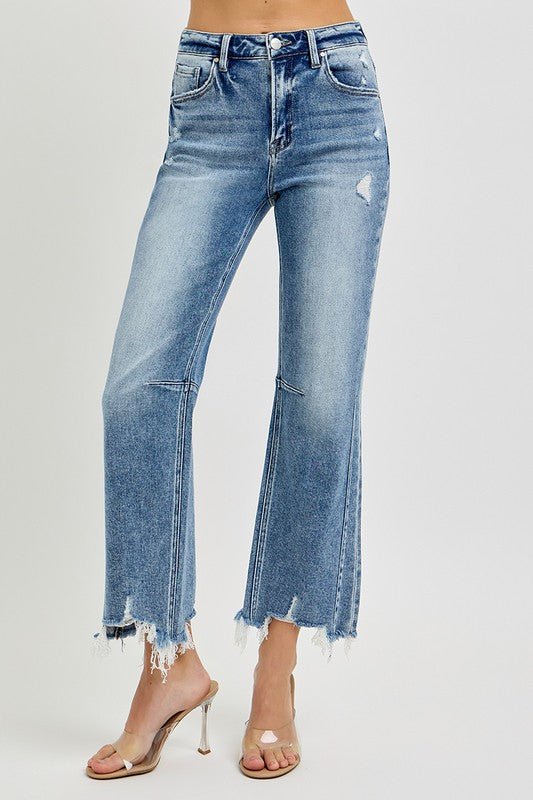 Høy Midje Crop Straight Damejeans med Slitt Kant - NordHjem