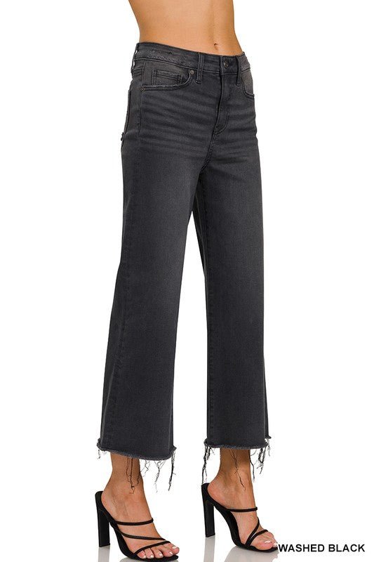 Høyt liv Cropped Jeans til Damer i Vasket Sort - NordHjem