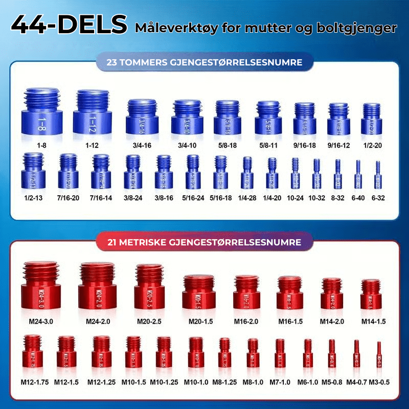 BoltGauge X44 – 44 - delt Universalt Gjengekontrollsett (Metrisk og SAE) - NordHjem