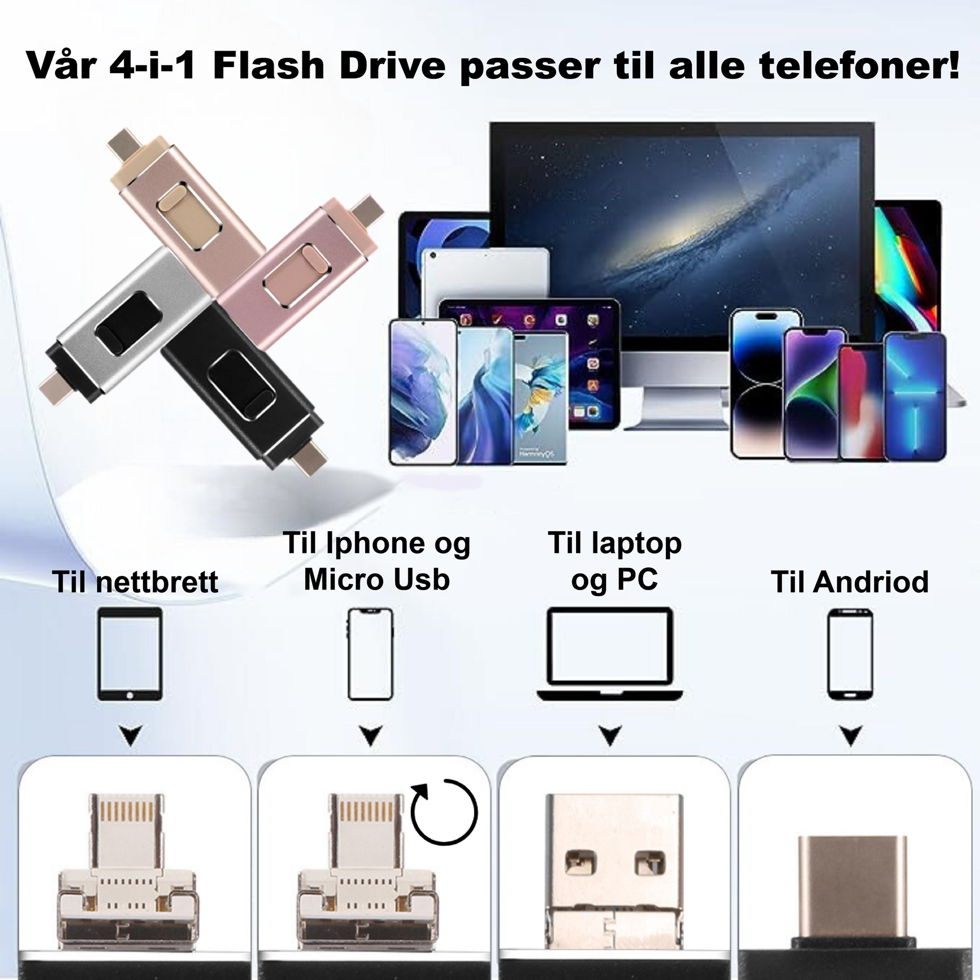 #Aldri mer fullt minne på mobilen med vår 4-i-1 Flash Drive. Passer til alle enheter!