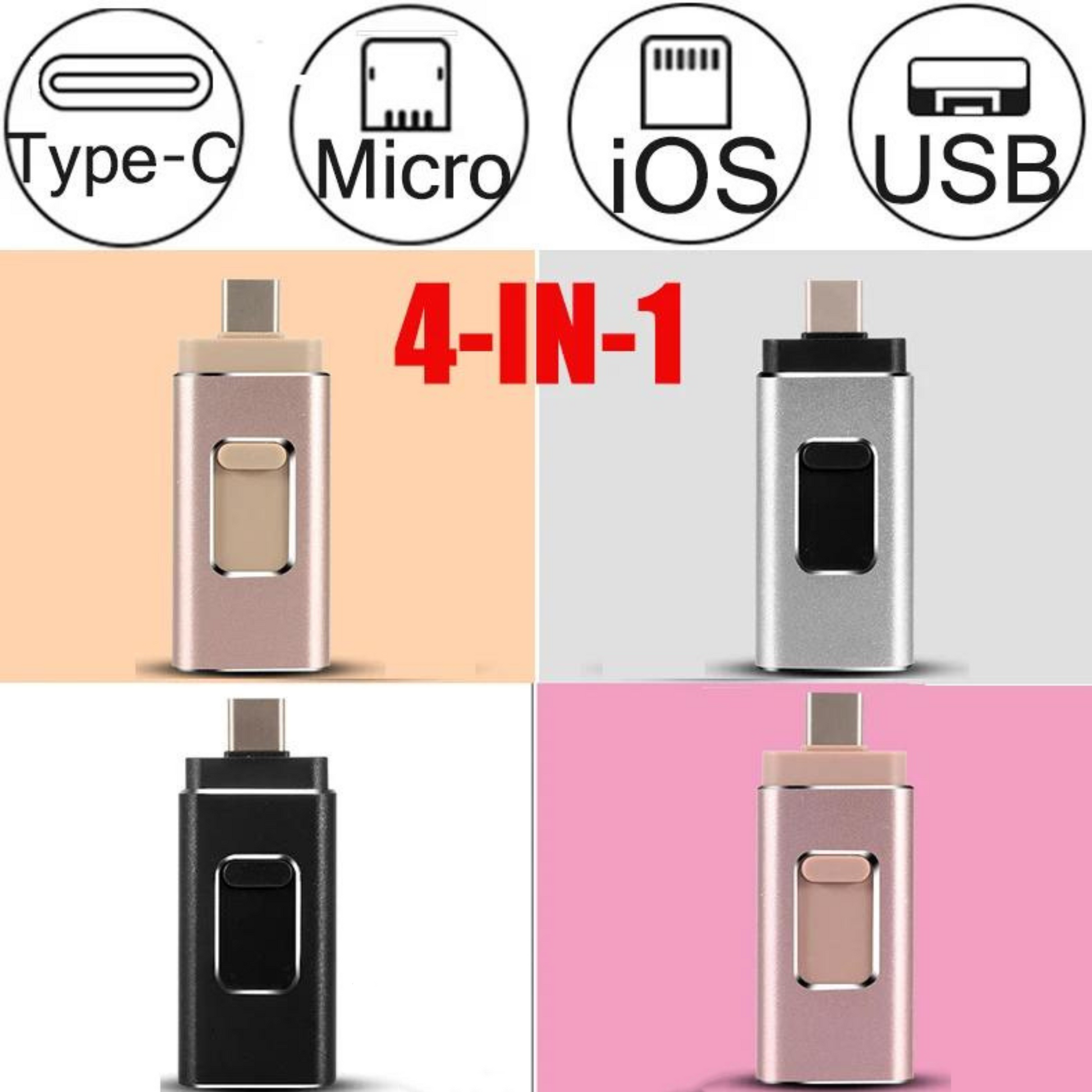 #Aldri mer fullt minne på mobilen med vår 4-i-1 Flash Drive. Passer til alle enheter!