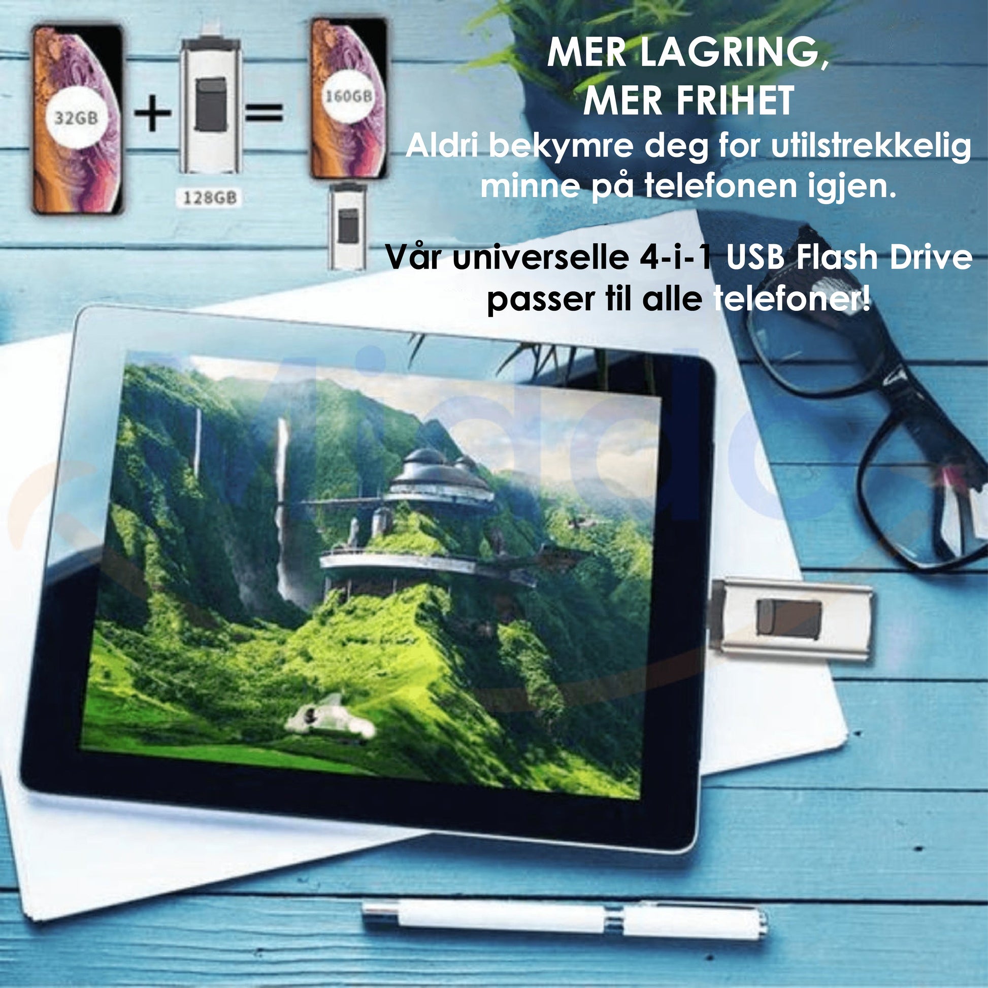 #Aldri mer fullt minne på mobilen med vår 4-i-1 Flash Drive. Passer til alle enheter!