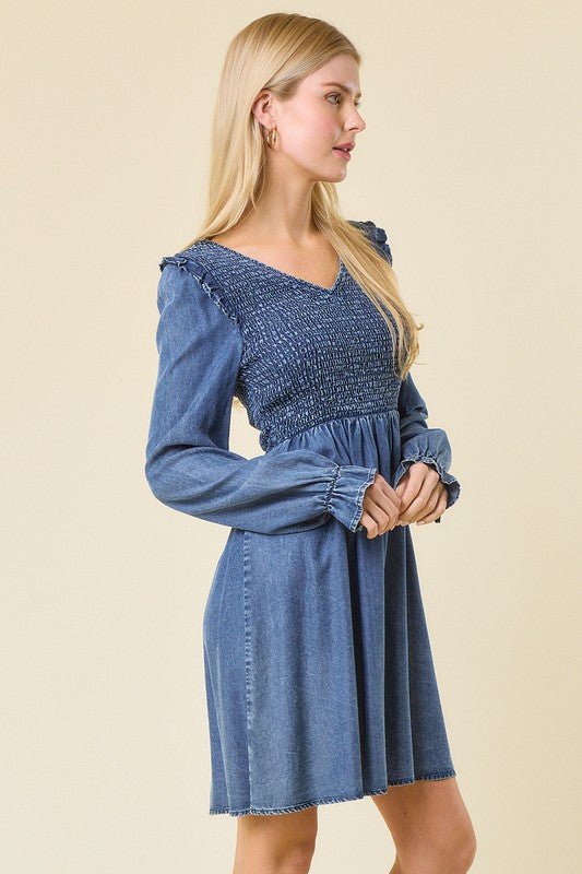 Kjole for kvinner Mini V - hals Smocked Denim - NordHjem