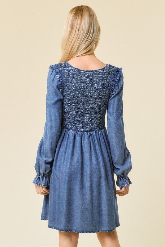 Kjole for kvinner Mini V - hals Smocked Denim - NordHjem