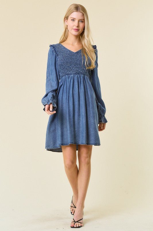 Kjole for kvinner Mini V - hals Smocked Denim - NordHjem