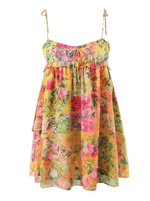 Kvinne Floral Sling Kjole med Snøring og Fargeblokk - NordHjem
