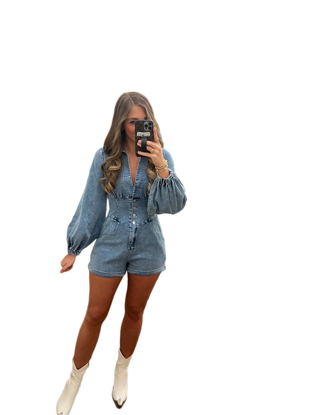 Kvinne Romper med Ballongsleeve i Denim - NordHjem