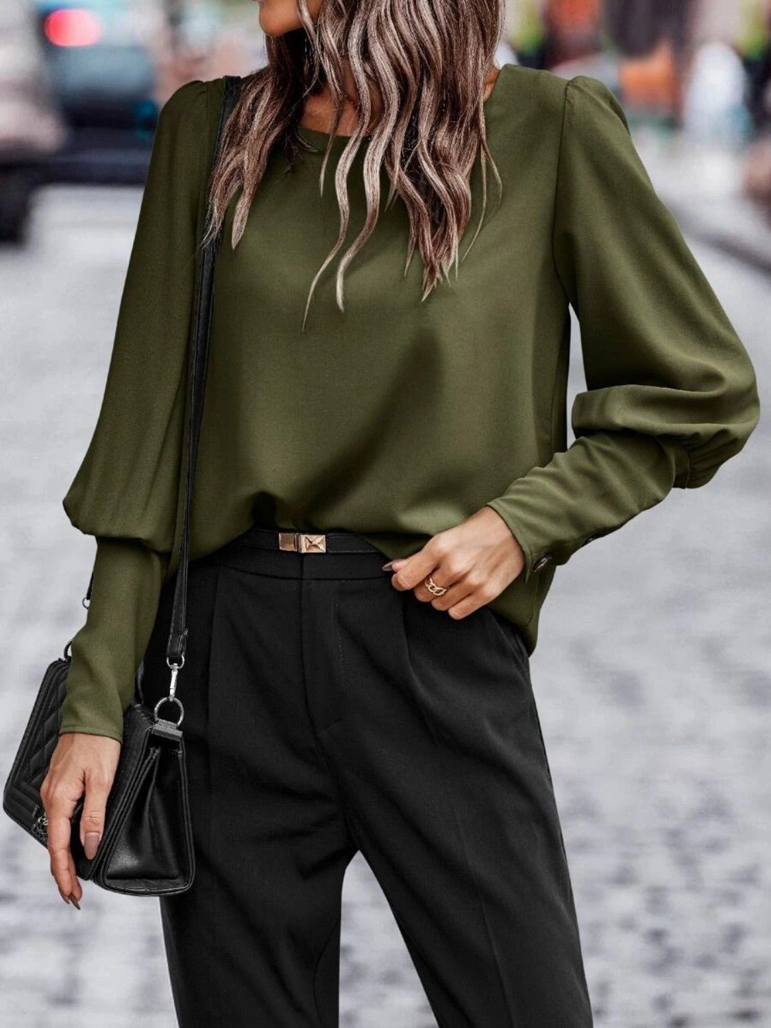 Kvinne Rund Hals Lantern Sleeve Bluse - NordHjem