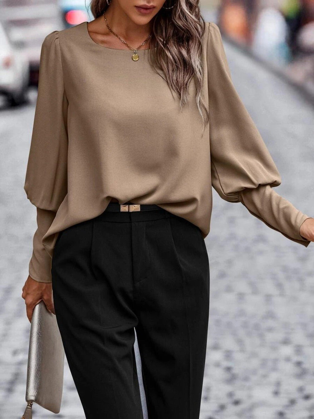 Kvinne Rund Hals Lantern Sleeve Bluse - NordHjem