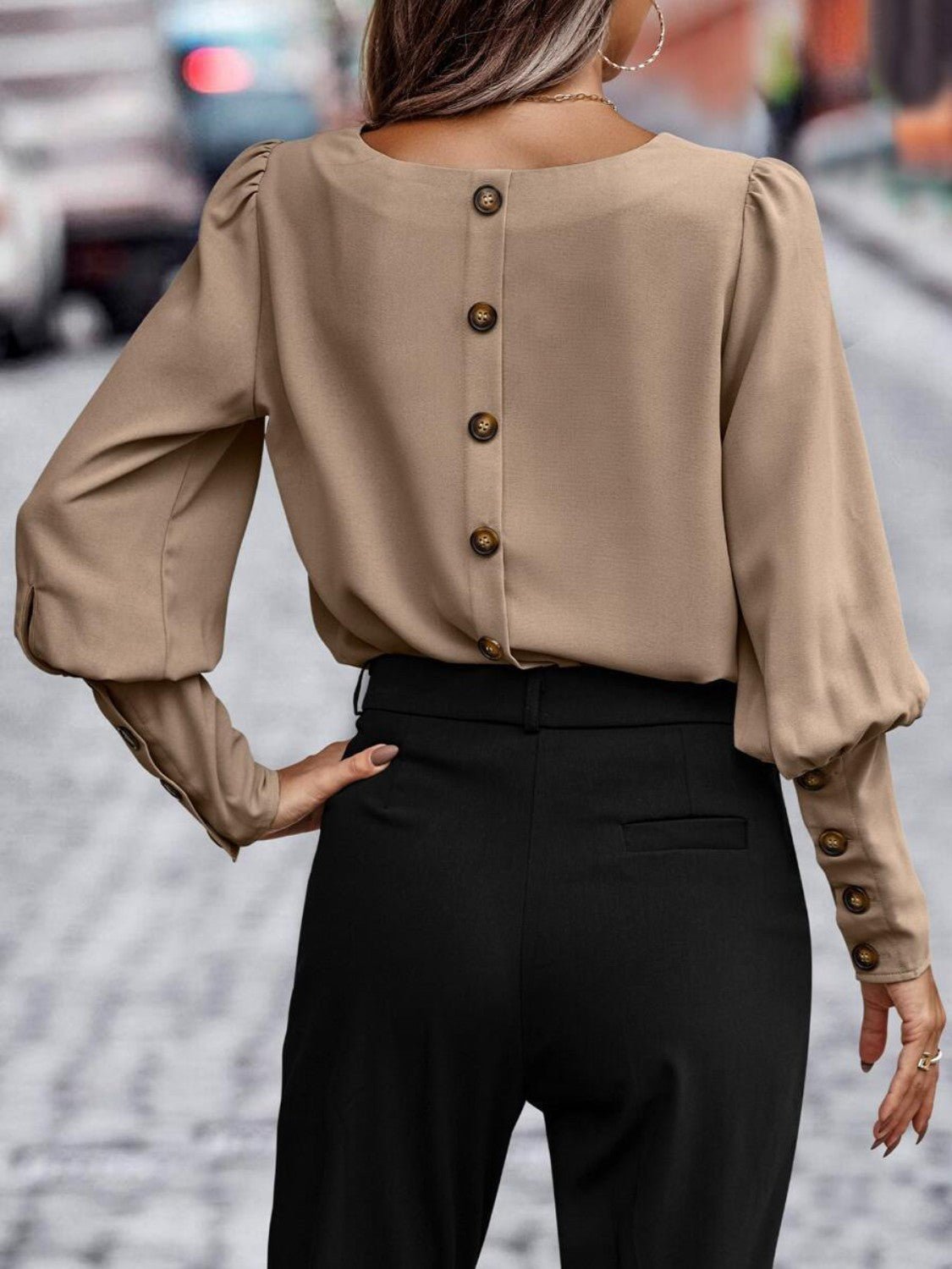 Kvinne Rund Hals Lantern Sleeve Bluse - NordHjem