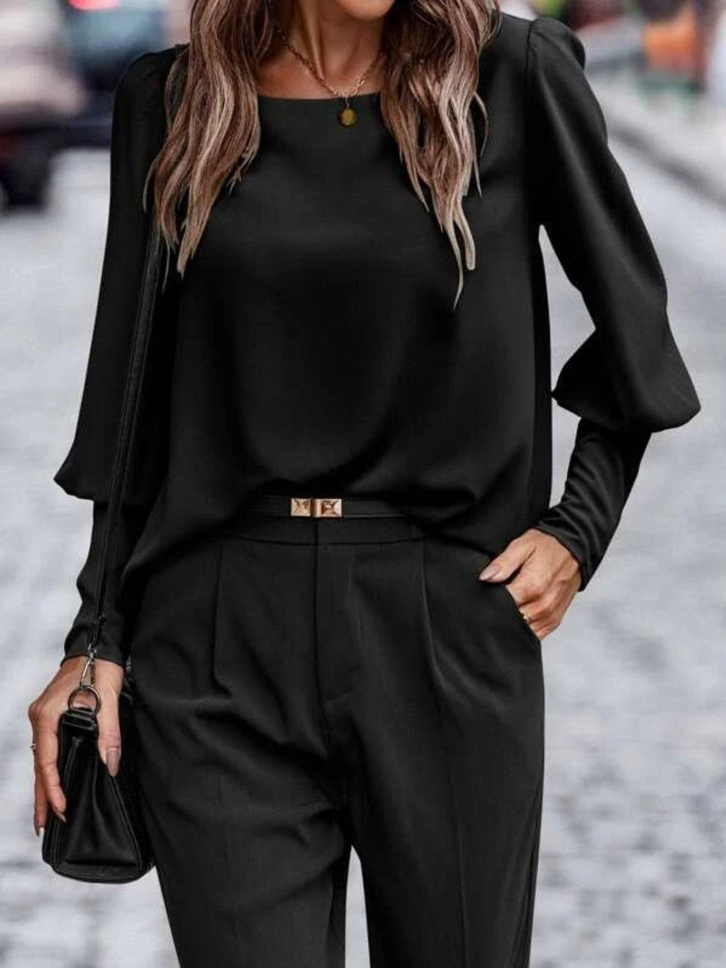 Kvinne Rund Hals Lantern Sleeve Bluse - NordHjem