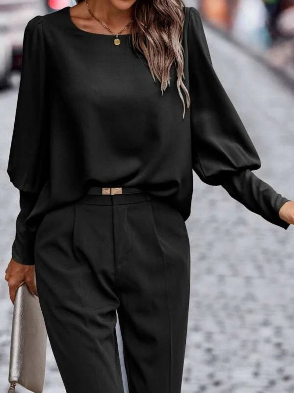 Kvinne Rund Hals Lantern Sleeve Bluse - NordHjem