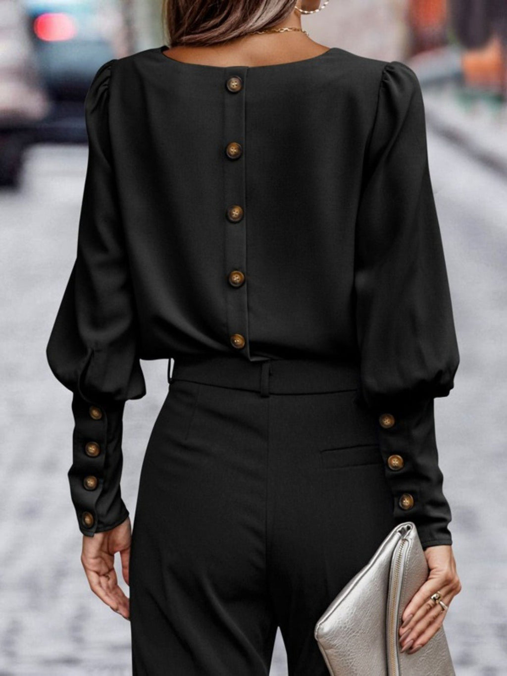 Kvinne Rund Hals Lantern Sleeve Bluse - NordHjem