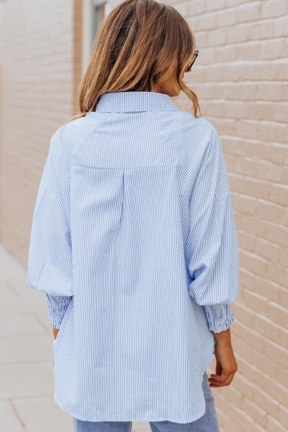 Kvinne Striped Lantern Sleeve Collared Shirt - NordHjem