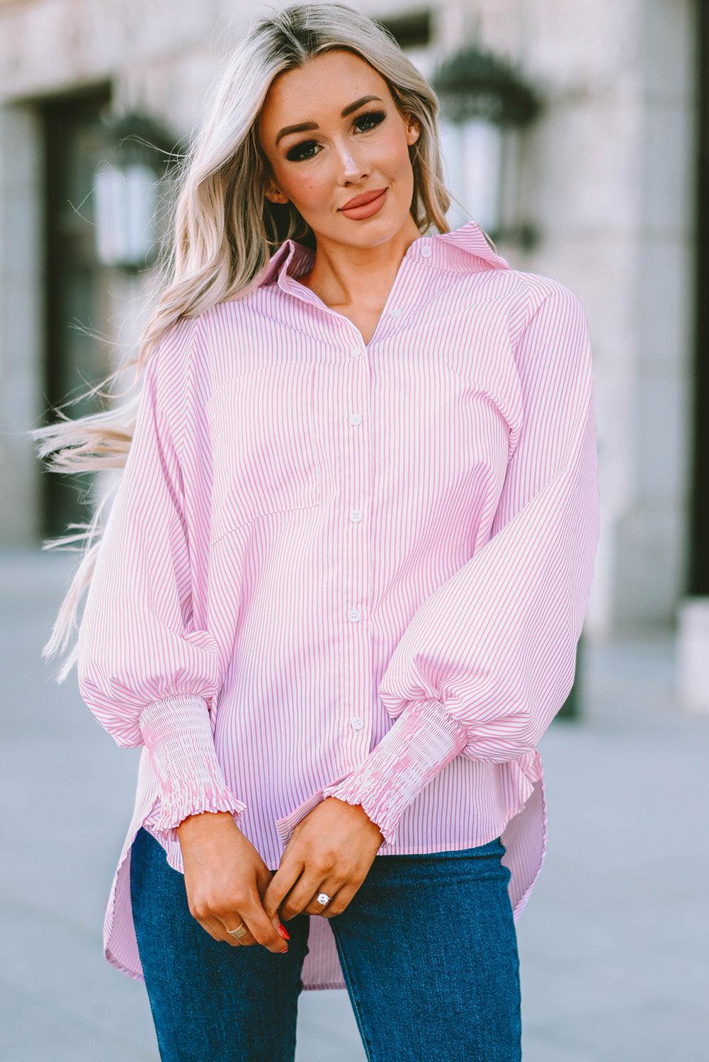Kvinne Striped Lantern Sleeve Collared Shirt - NordHjem