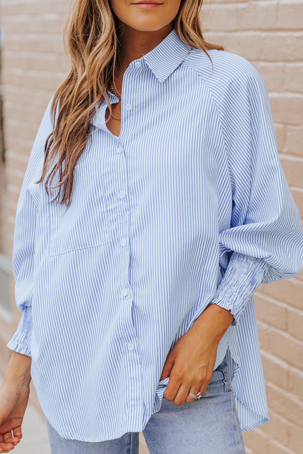 Kvinne Striped Lantern Sleeve Collared Shirt - NordHjem