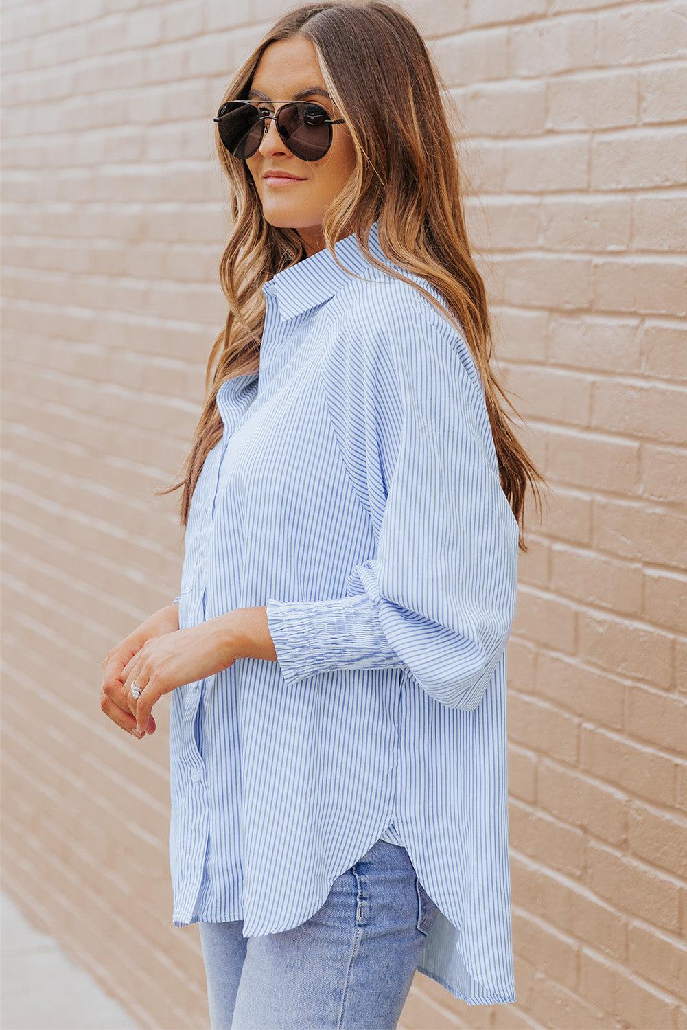 Kvinne Striped Lantern Sleeve Collared Shirt - NordHjem